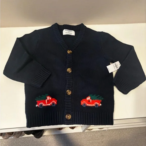 Navy Blue Kids Cardigan with Holiday Trucks Design NWT - Picture 3 of 5